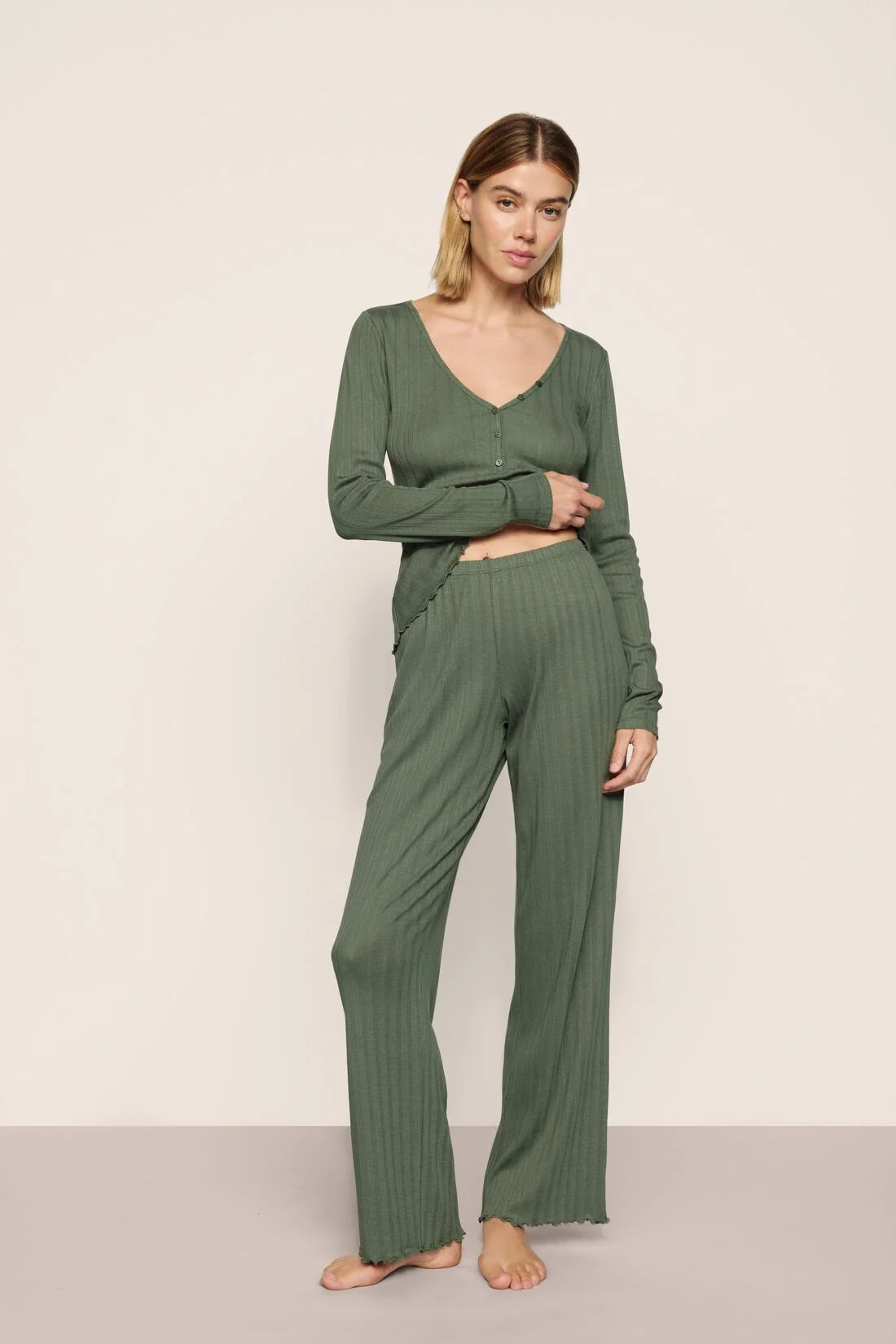 POINTELLE V NECK HENLEY SET